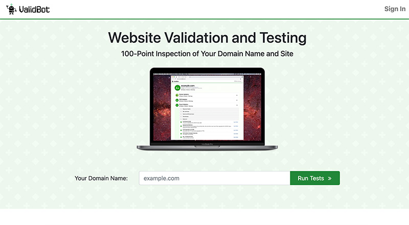 Screenshot of ValidBot.com